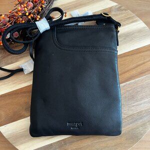 Margot Split Pocket Crossbody 100% Genuine Leather Bag Black Gold Accents